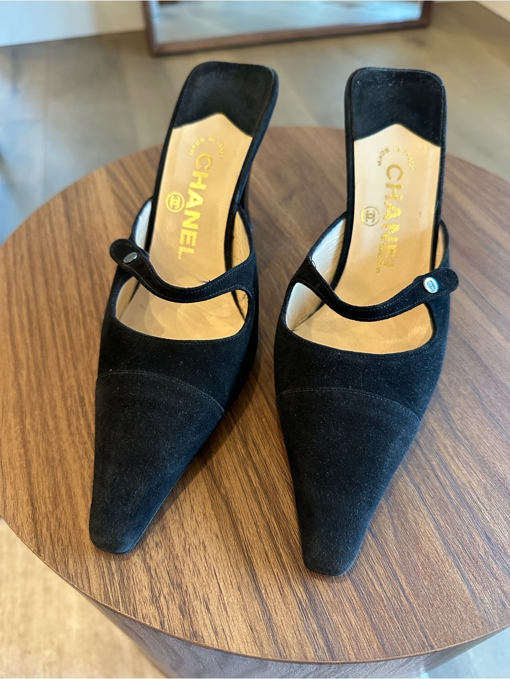 Chanel Black Suede Mary-Jane Pointed-Toe Mules - Picture 3 of 9
